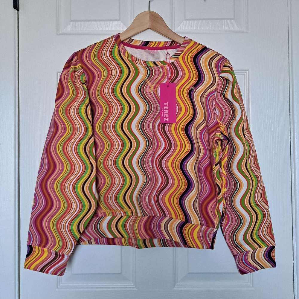 Terez New York, Women's Wavy Stripe Crewneck Sweatshirt, Rainbow
